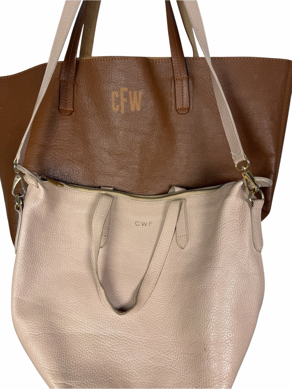 Bundle of 2 Leather Tote Bags Large Tan Mark&Graham and Medium Blush Cuyana